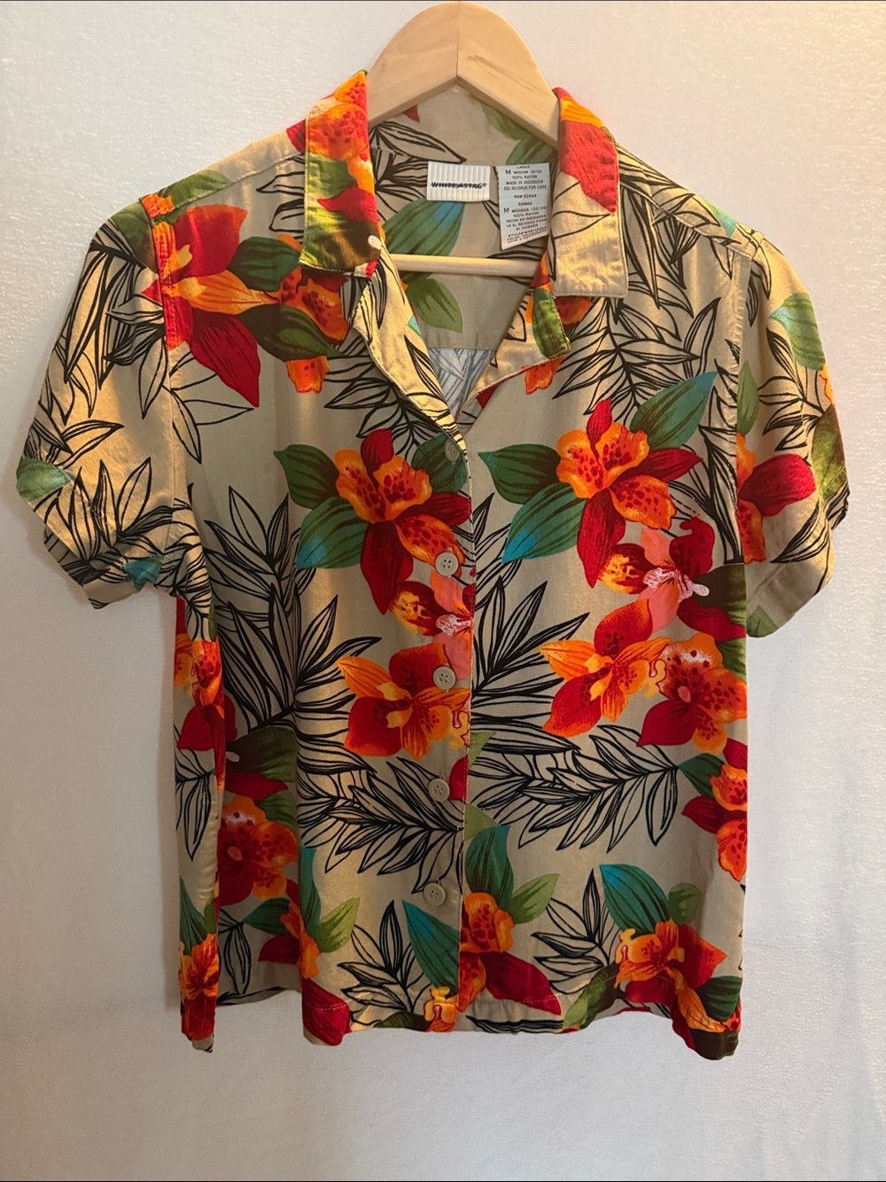 White Stag Beige Tropical Floral Button-Down Top with Red & Orange Blooms
